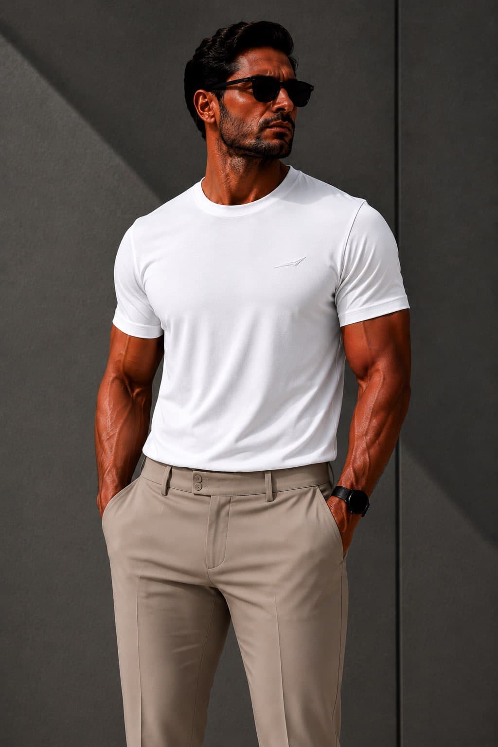 Edition One — Ivory tee with cream trousers, worn.